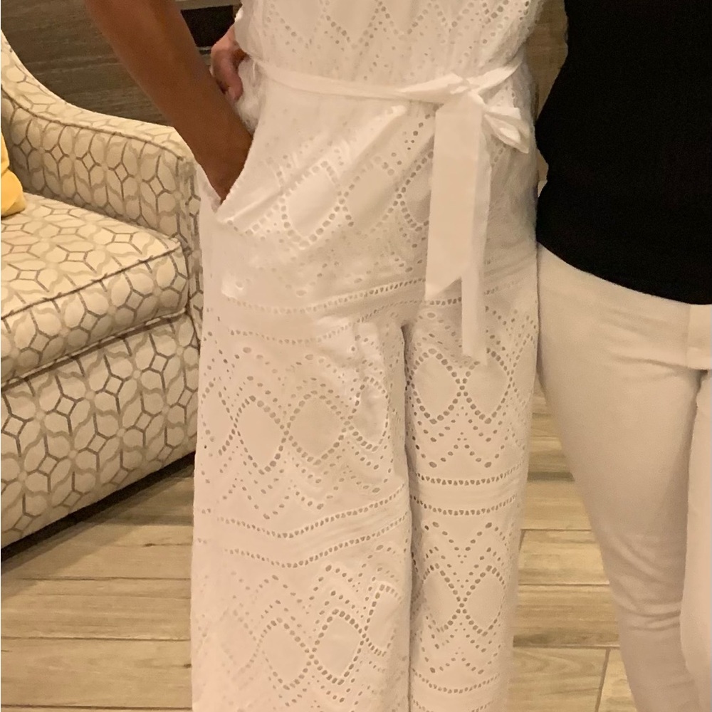 Express White Geometric Eyelet Jumpsuit